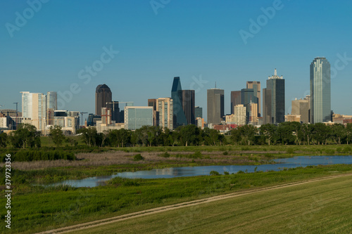 Part of the Dallas skyline as seen from the Trinity River levee