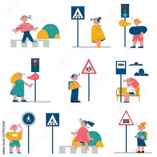 Set of children children learning and memorizing traffic rules signs near roads outdoors