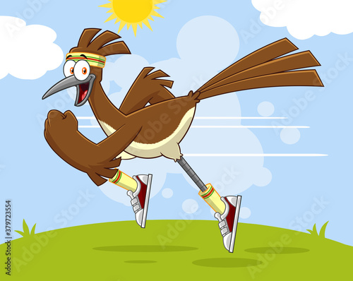 Road Runner Bird Cartoon Character Jogging. Vector Illustration With Landscape Background photo