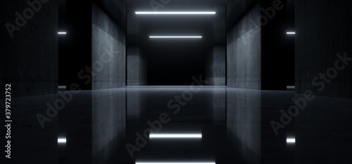 Realistic Dark Underground Hangar Glossy Floor Grunge Cement Columns Walls Parking Tunnel Corridor Showroom Car Light Glowing Background 3D Rendering