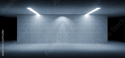 Fototapeta Naklejka Na Ścianę i Meble -  Sci Fi Modern Alien Spaceship Room Tunnel Corridor White Concrete Rough Grunge Studio Garage Hangar White Lights 3D Rendering