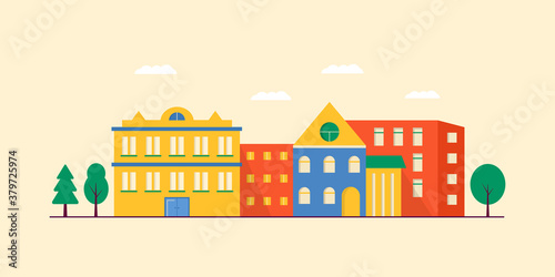 Landscape of Small modern houses facade with window, garage, balcony and roof. Exterior of building apartment with trees. Vector cityscape illustration. simple background in geometric style