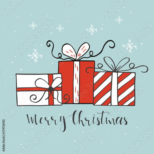 Christmas gift card with presents, christmas tree and snow. Easy editable template. Cute  illustration for card, poster, t-shirt, banner.