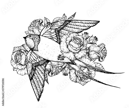 Flying swallow and roses. Hand drawn vector. T-shirt design. Sketch illustration. Tattoo style.