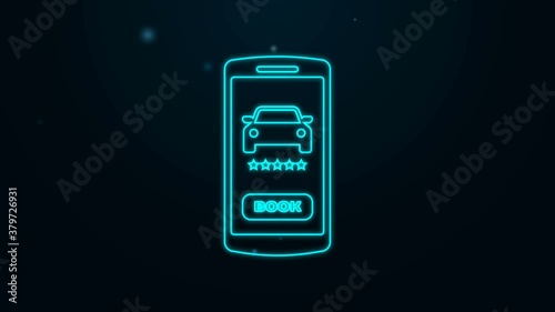 Glowing neon line Online car sharing icon isolated on black background. Online rental car service. Online booking design concept for mobile phone. 4K Video motion graphic animation