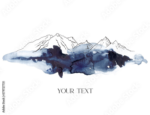 Watercolor minimalistic card with blue mountains. Hand painted linear composition on white background. Illustration for design  print  fabric or background.