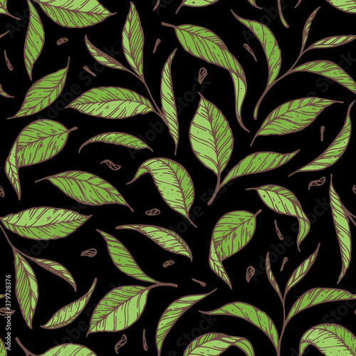 Tea leaf seamless pattern. Hand drawn vector illustration. Packaging design. Colorful green pattern.