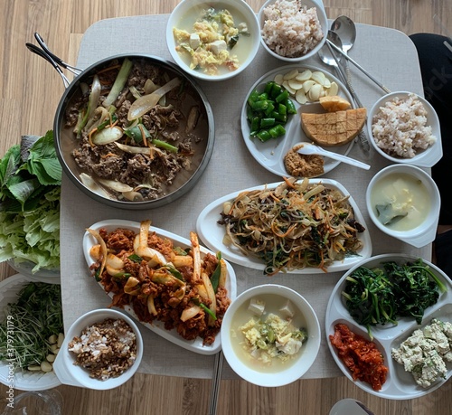 Korean food with various side dishes