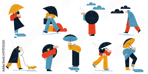 Set of people walking pets or hurriyng up for work in rainy weather