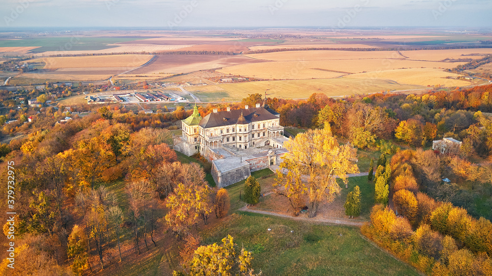 Podgortsy Palace from the air. Colorful fall scene