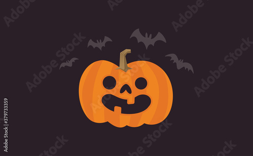 Happy Halloween design. Cute pumpkin with carved smile face, spooky season. Funny illustration. Trick or treat decoration.