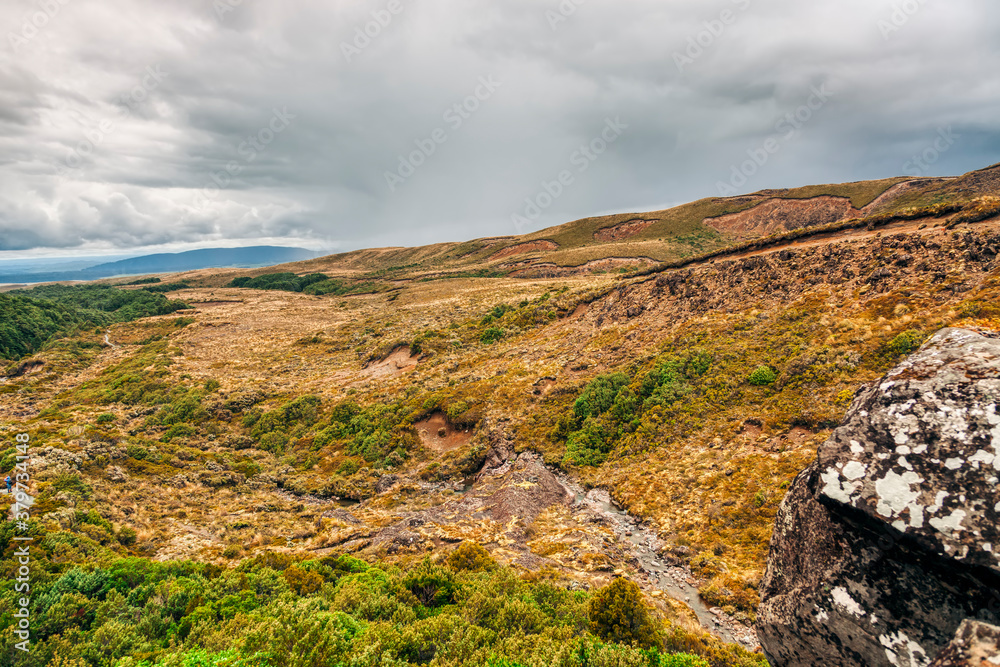 Panoramic view of hiking trails and mountain stream in Tongariro National Park, North Island, New Zealand