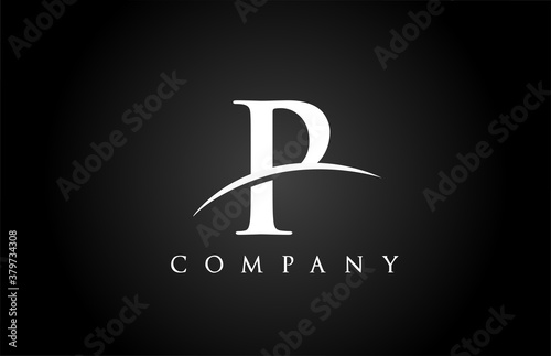 black white P alphabet letter logo icon for company. Simple swoosh design for corporate and business