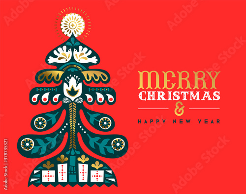 Christmas New Year retro gold folk pine tree card