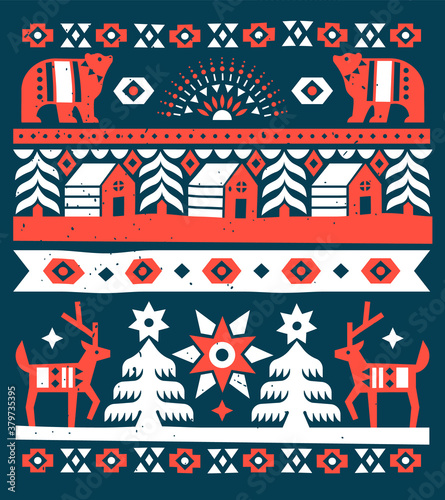 Christmas card vintage traditional folk forest art