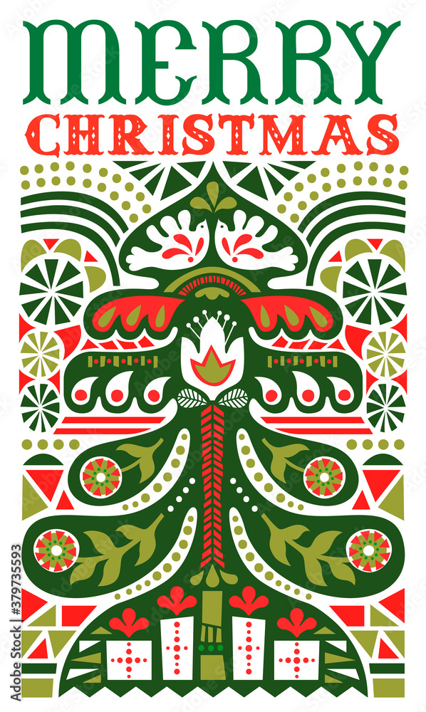 Merry Christmas vintage folk art pine tree card Stock Vector | Adobe Stock