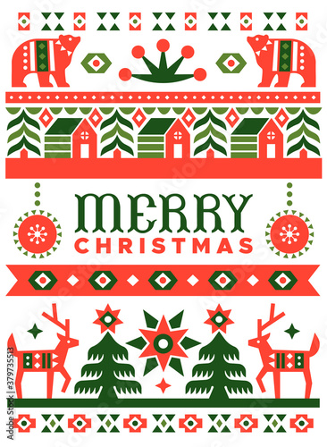 Merry Christmas folk art deer forest greeting card