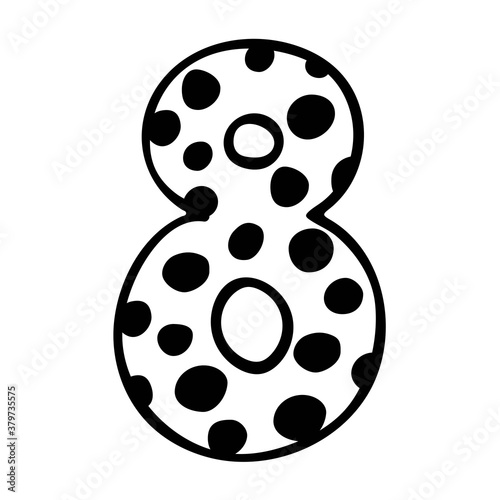 Cute number 8. Hand drown vector eight with polka dot. Design for 8 years kid, kid party decor, logo, sticker, greeting card, shirt print. Happy birthday anniversary celebration Template