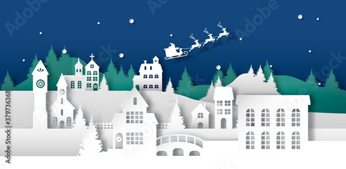 Paper cut winter christmas city and santa claus