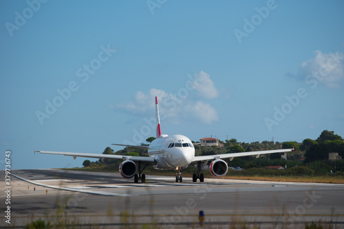 9/14/2020 Greece, Skiathos island, airport. Dangerous plane landing.