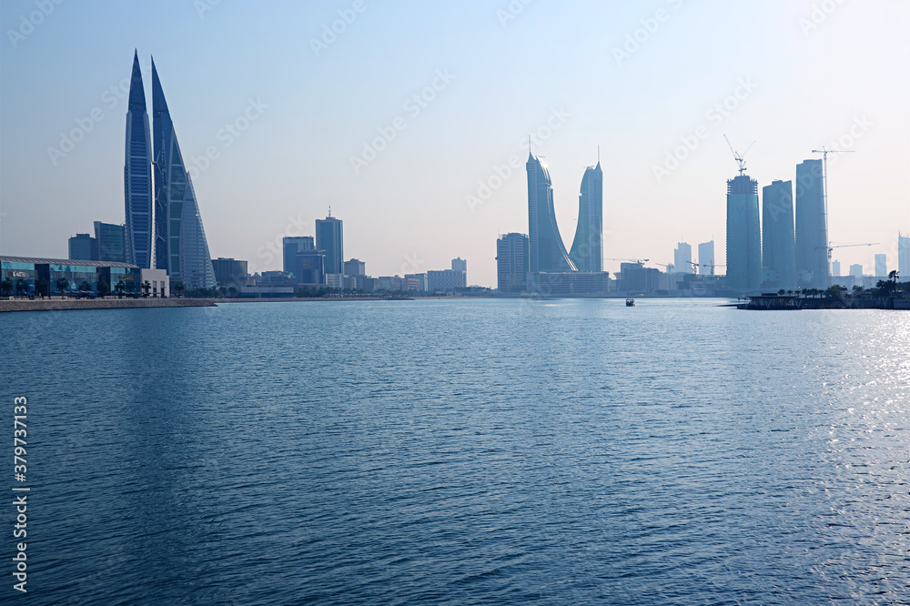 Fototapeta premium Bahrain Financial Harbor or BFH District with Groups of Iconic Landmark, Manama, Bahrain