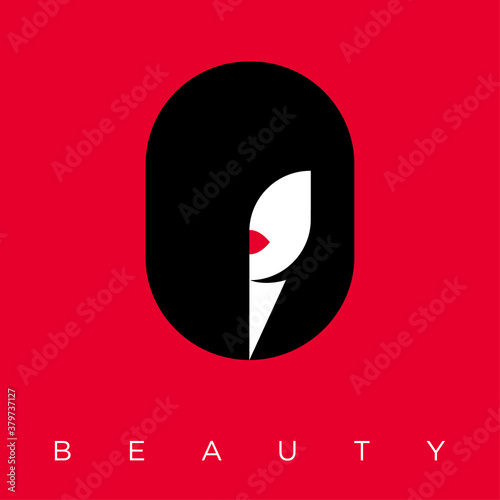 Beauty Salon logo. Glamour girl face with modern hair dress and red lips. Cosmetic emblem. Hair care. Health of skin and hair.