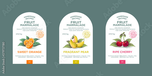 Set of 3 labels, packaging of fruit marmalade. Nature organic product. Text with realistic fruits and leaves on white base. 