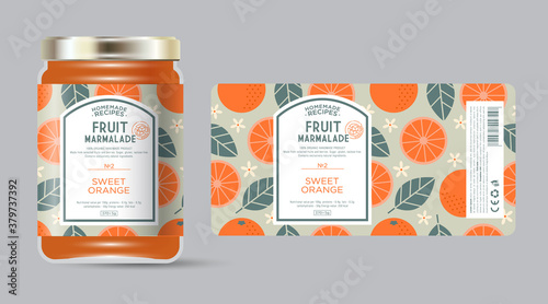 Label and packaging of orange marmalade. Jar with label. Text in frame with stamp (sugar free) on seamless pattern with fruits, flowers and leaves. photo