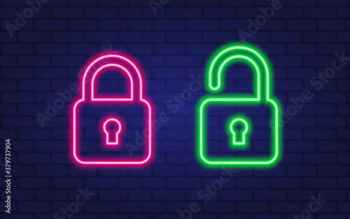 Lock unlock vector icon neon style. Concept flat icons padlock. Vector illustration