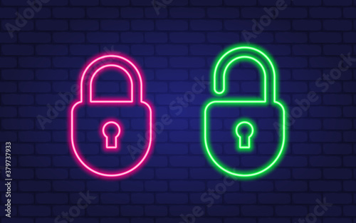Neon padlock. Lock unlock. Concept lock neon style on dark background. Vector illustration