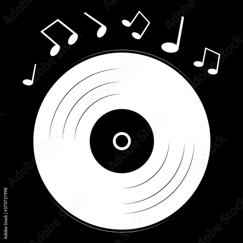 Vector illustration. Isolated design, musical record with notes on a black background. Design element for poster, banner, clothes. Simple flat style.