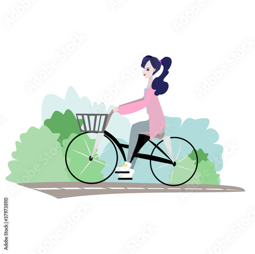Fototapeta Naklejka Na Ścianę i Meble -  Vector illustration long haired woman wearing a pink coat is cycling on the road. Garden  background.