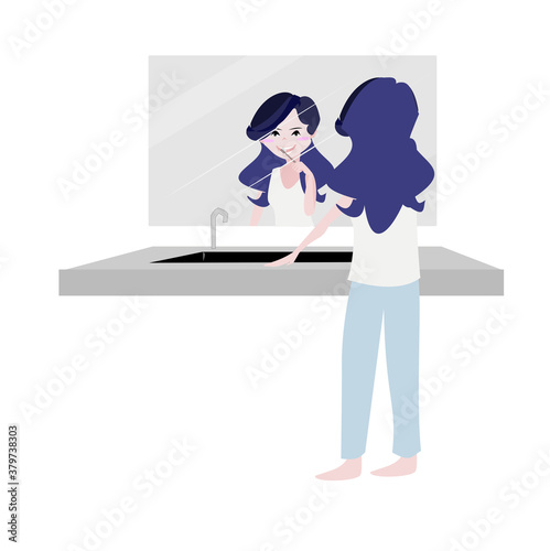 Vector Woman brushing teeth in the bathroom. Cute girl  stay at home. People illustration . Cute cartoon character person flat design .Clip art on white isolated background.