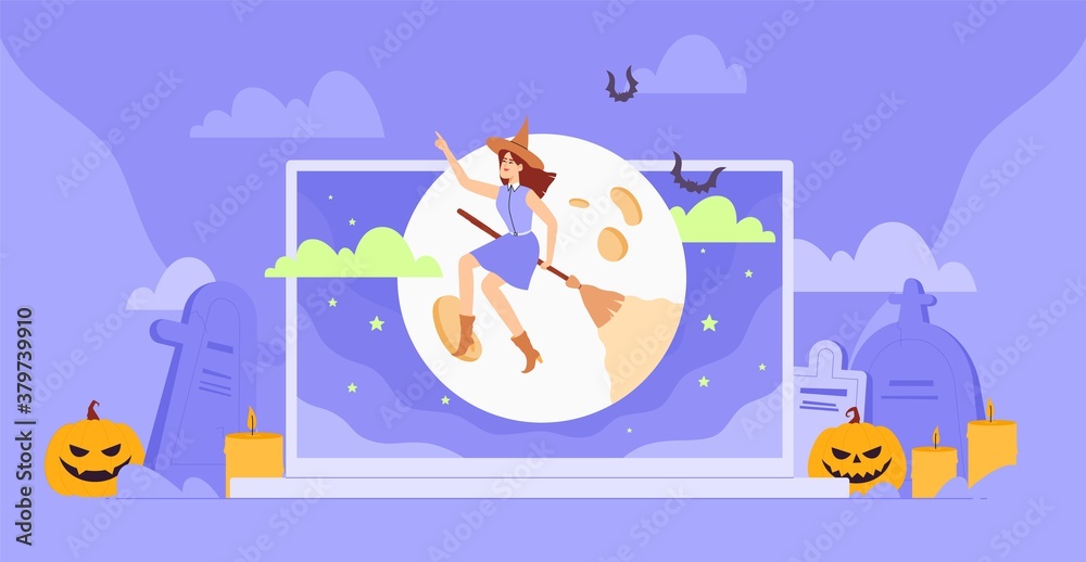 Fototapeta premium Female character in costume of whitch on laptop screen celebrate halloween. Online holiday party. Happy Halloween greetings template vector.