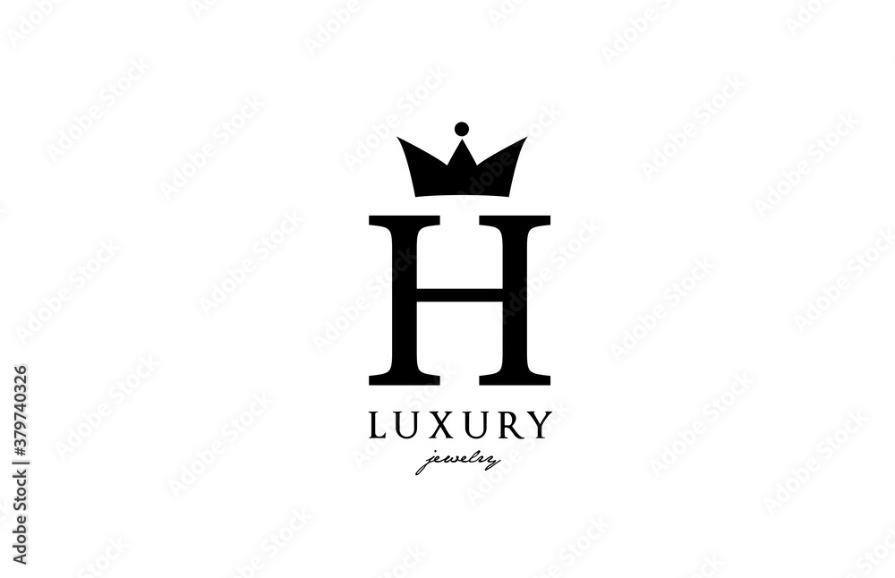 H alphabet letter logo icon in black and white color. Creative design with king crown for luxury or fashion business and company