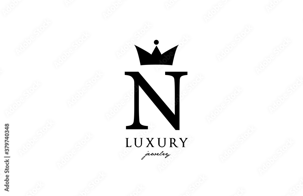 N alphabet letter logo icon in black and white color. Creative design with king crown for luxury or fashion business and company N alphabet letter logo icon in black and white color. Creative design with king crown for luxury or fashion business and company