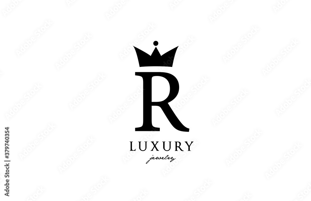 Fototapeta premium R alphabet letter logo icon in black and white color. Creative design with king crown for luxury or fashion business and company