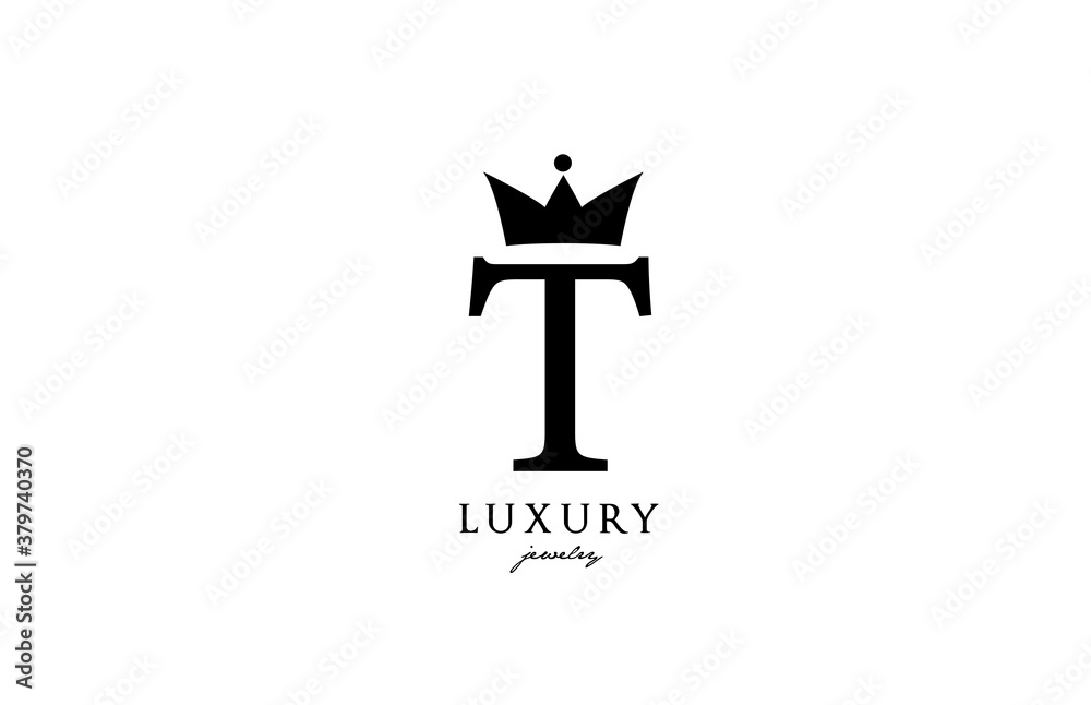 T alphabet letter logo icon in black and white color. Creative design with king crown for luxury or fashion business and company T alphabet letter logo icon in black and white color. Creative design with king crown for luxury or fashion business and company