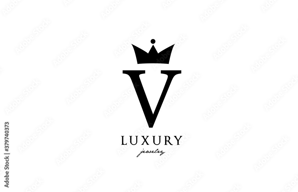 V alphabet letter logo icon in black and white color. Creative design with king crown for luxury or fashion business and company V alphabet letter logo icon in black and white color. Creative design with king crown for luxury or fashion business and company