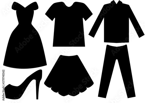 Siluetas negras de ropa sobre fondo blanco