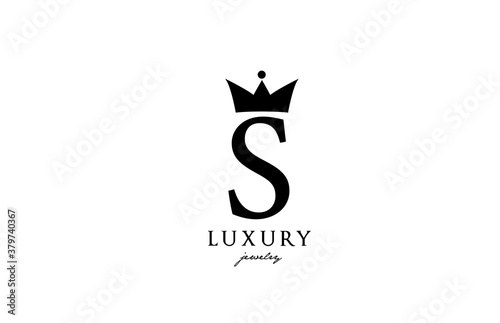 S alphabet letter logo icon in black and white color. Creative design with king crown for luxury or fashion business and company