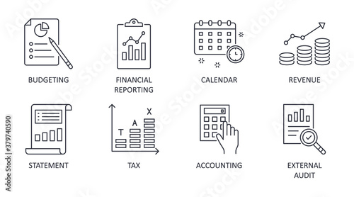 Fiscal year vector icons. Business finance company signs. Editable stroke. Financial reporting budgeting statement revenue. Calendar accounting external audit tax