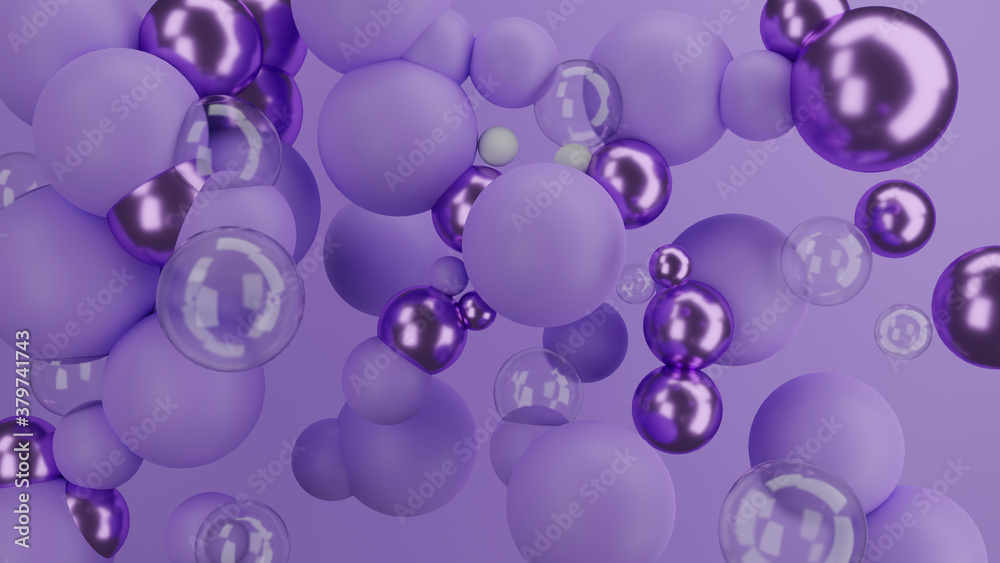 Purple composition with metallic and glass balls. 3D illustration Purple composition with metallic and glass balls. 3D illustration