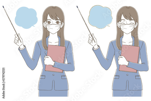 Wallpaper Mural 手描き風　マスクをつけて指示棒を持って教えているビジネスウーマンのイラスト表情セット Torontodigital.ca