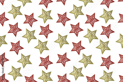 Christmas pattern of gold and red stars with patterns on a white background.
