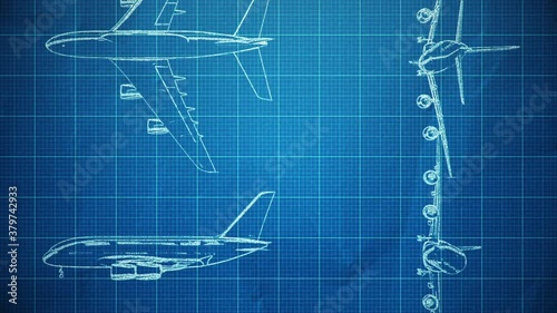 Abstract background with animation of blueprint drawing airplane. Animation of seamless loop.