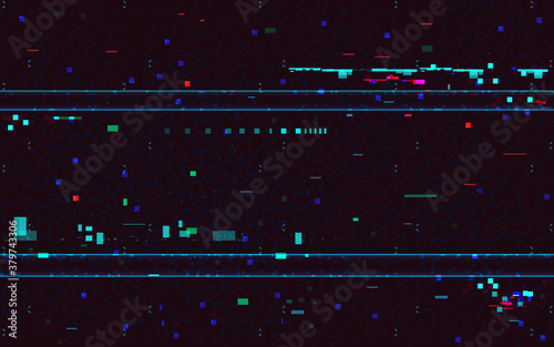 Glitch geometric distortion backdrop. Abstract random pixels on dark texture. Horizontal color lines. Old video concept. Cyberpunk glitch template. Vector illustration