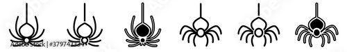 Spider Icon Black | Halloween Spiders Illustration | Arachnid Hanging Symbol | Thread Logo | Scary Sign | Isolated | Variations