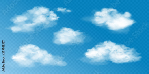 Realistic white clouds set. Vector collection of 3d smoke or fog. Natural cumulus clouds design elements on transparent background for weather forecast.