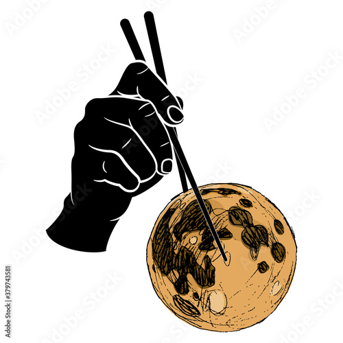 Human hand holding full moon with two chopsticks. Creative concept.